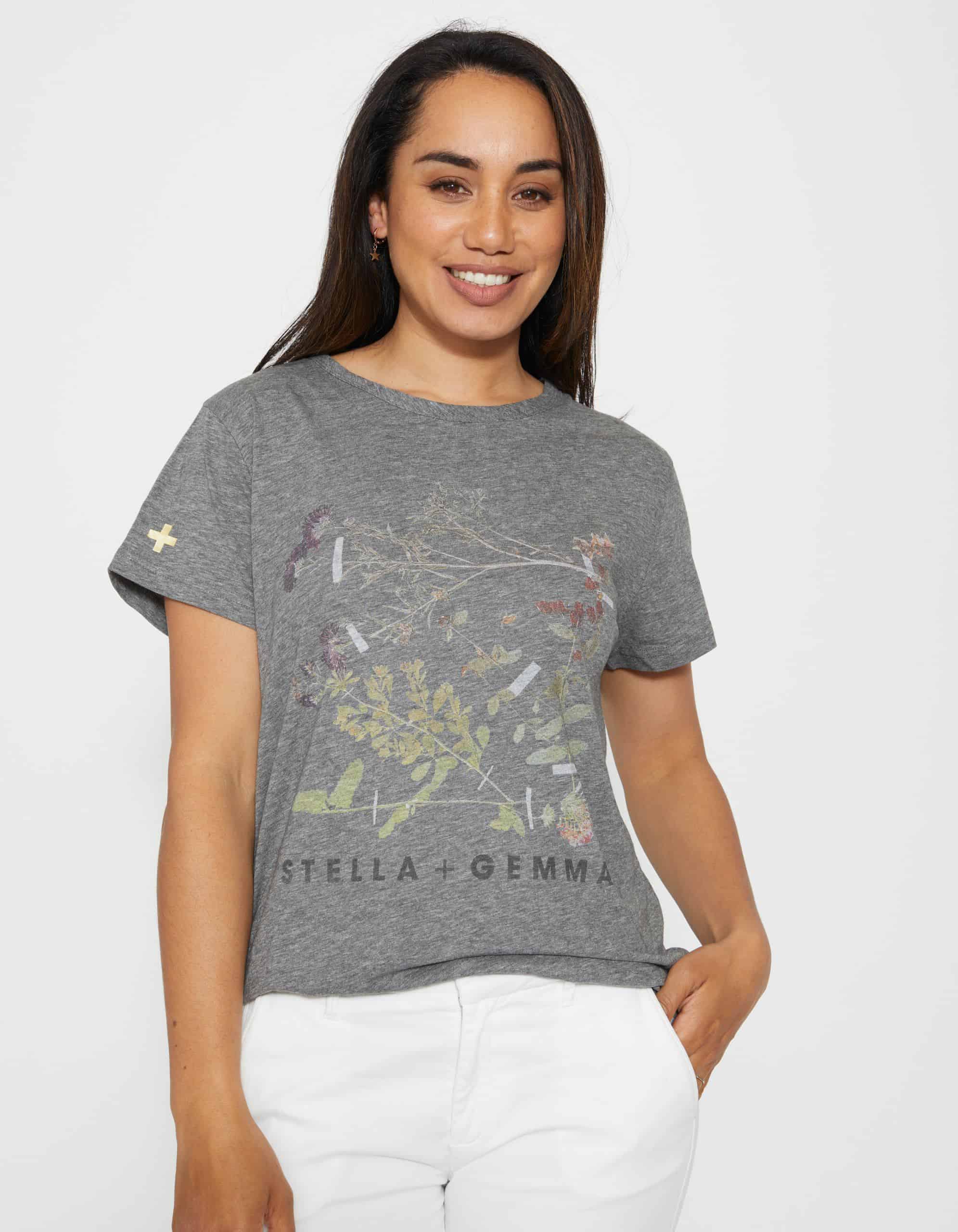 Stella Gemma | Short Sleeve T-Shirt | Dark Grey with Pressed Flower ...