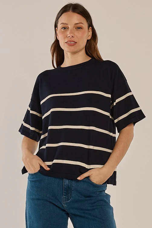 Bailey Boxy Top - Navy/Cream - Image 1