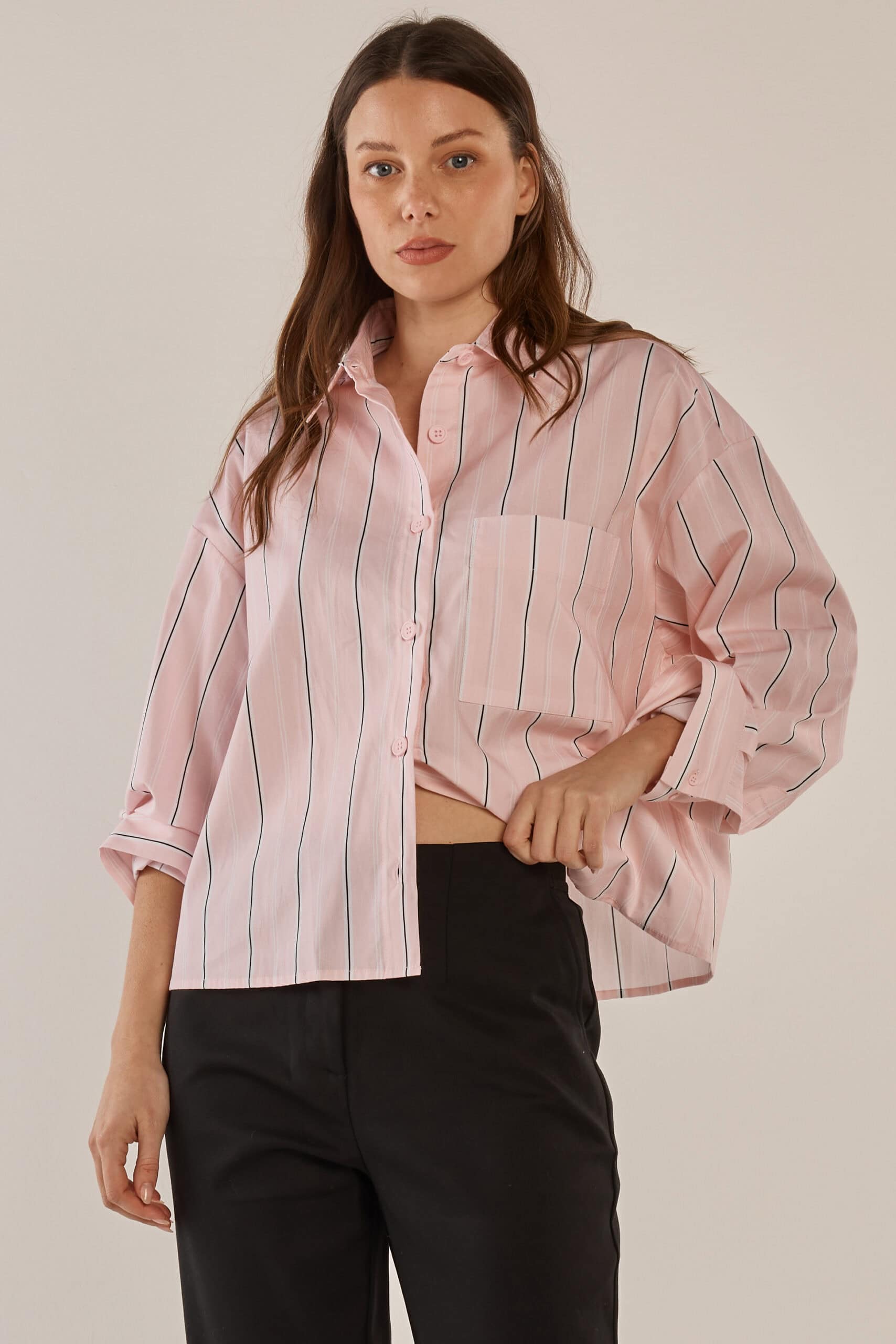Erin Crop Shirt - Pink/Chocolate Stripe - Image 1