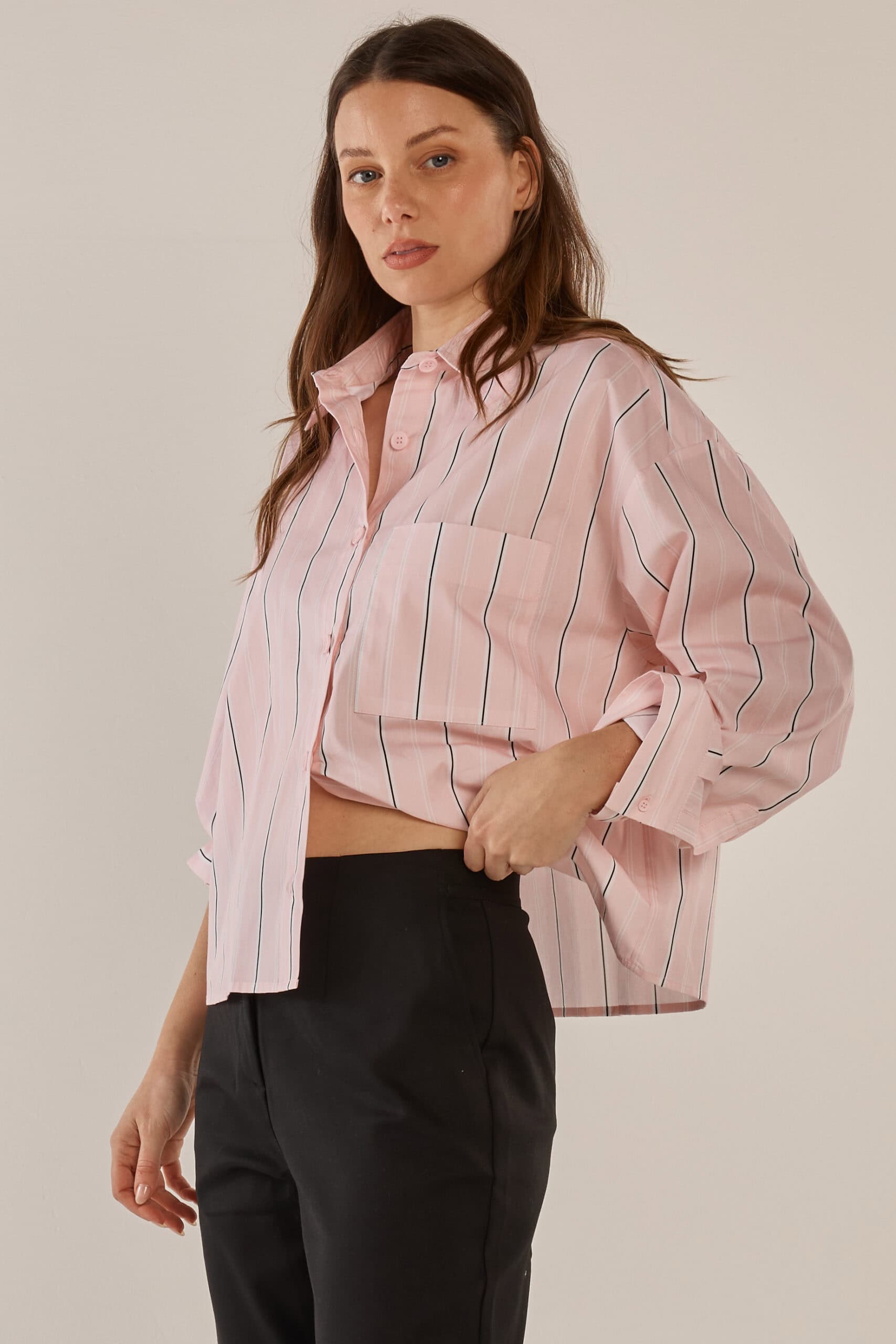 Erin Crop Shirt - Pink/Chocolate Stripe - Image 2