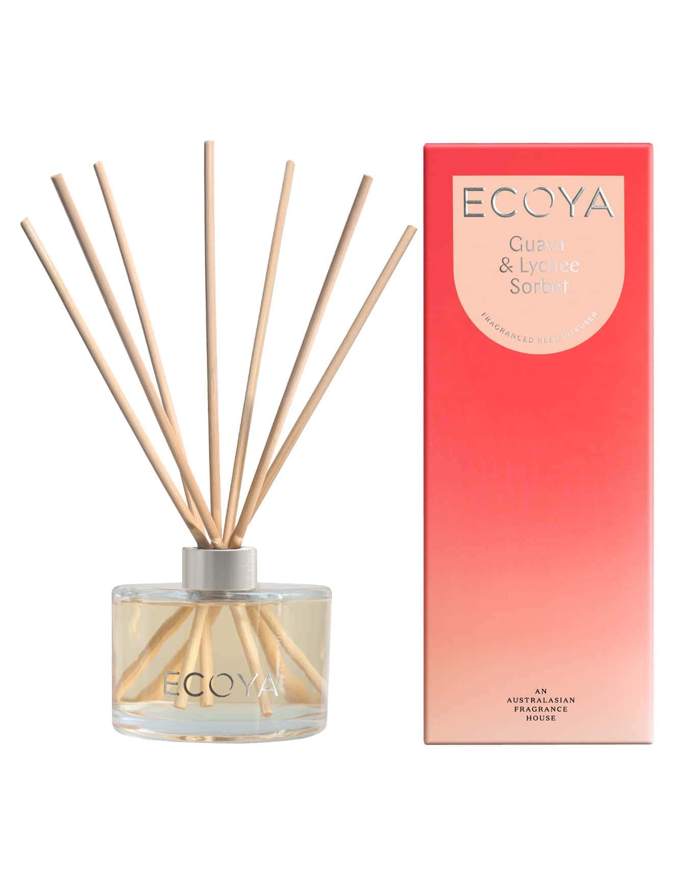Ecoya diffuser: Guava & Lychee reed diffuser in gift box at Expressions Cambridge