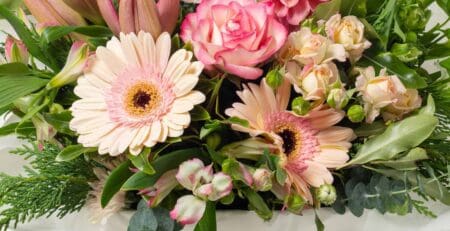 Flower box with pink flowers from Expressions florist Cambridge