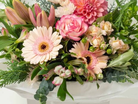Flower box with pink flowers from Expressions florist Cambridge