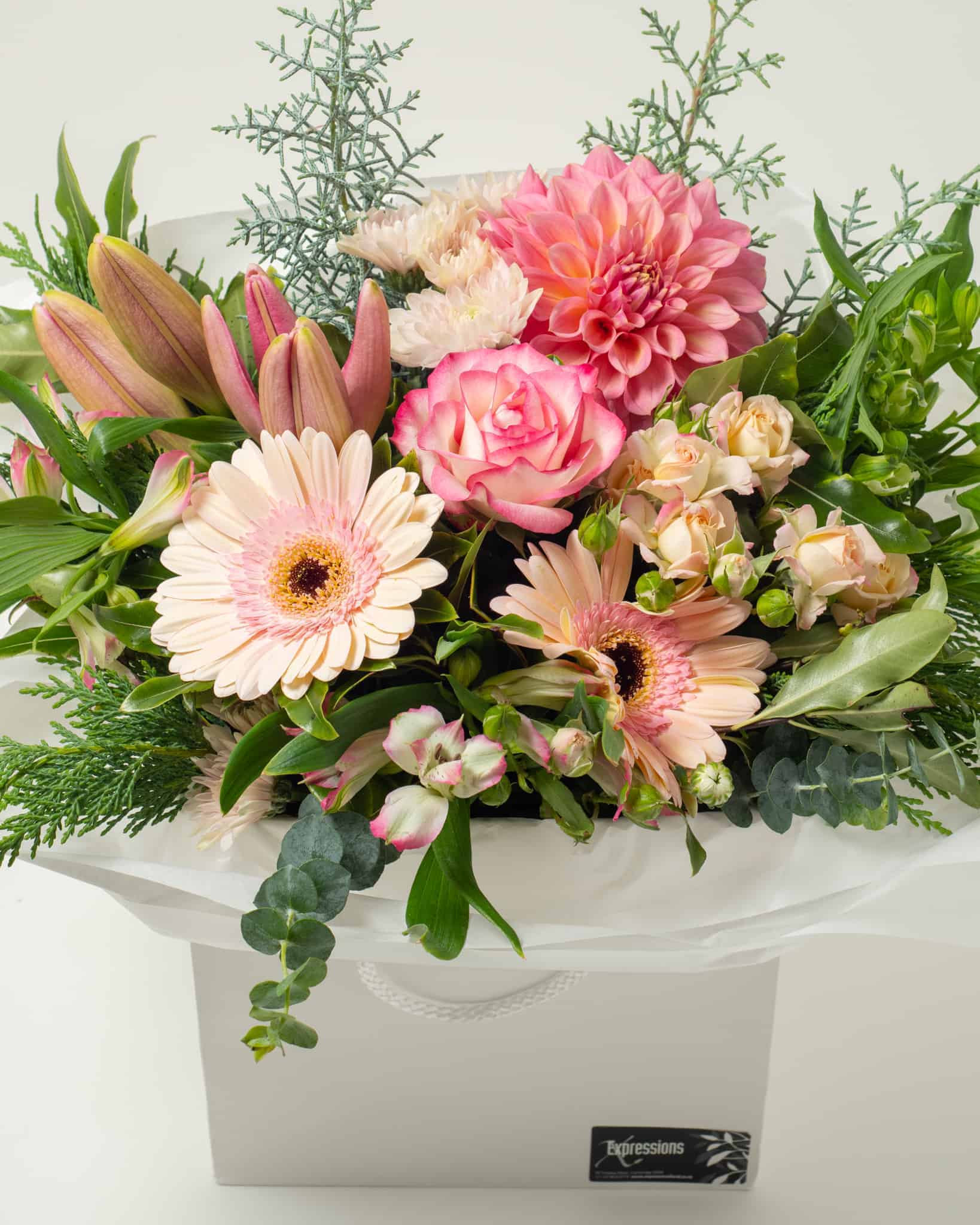 Flower box with pink flowers from Expressions florist Cambridge
